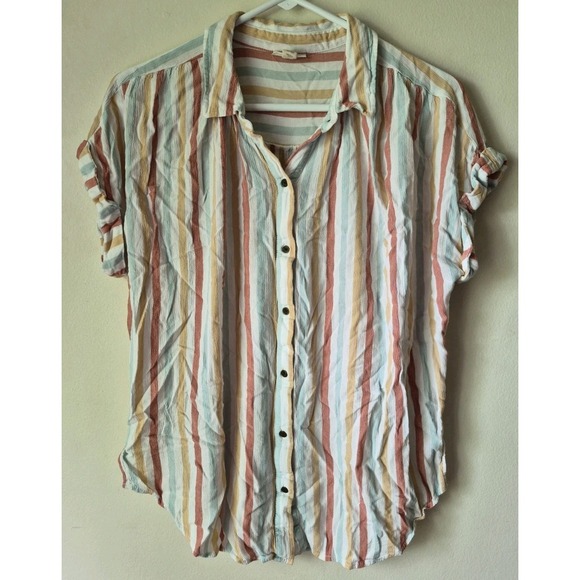 A.N.A. A New Approach Tops - a.n.a. (A New Approach) Women's Short-Sleeve Button-down Striped Blouse Size L